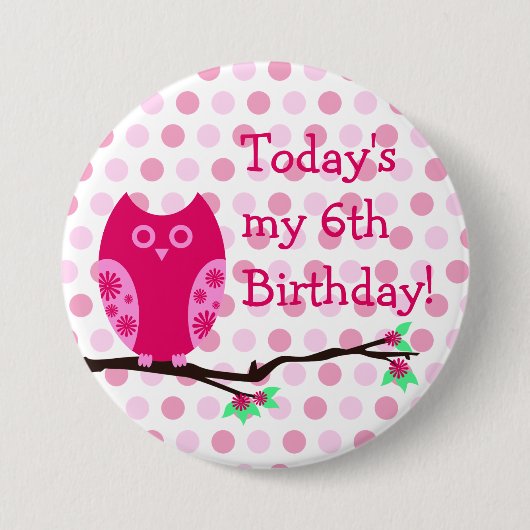 ピンクフクロウ6誕生日ボタン 缶バッジ (正面)