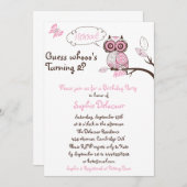 ピンクフクロウ&バタフライフローラ誕生日招待状 招待状 (正面/裏面)