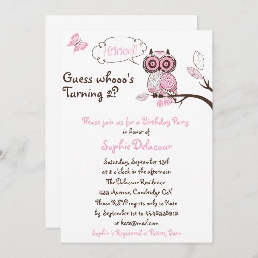 ピンクフクロウ&バタフライフローラ誕生日招待状 招待状 (正面/裏面)