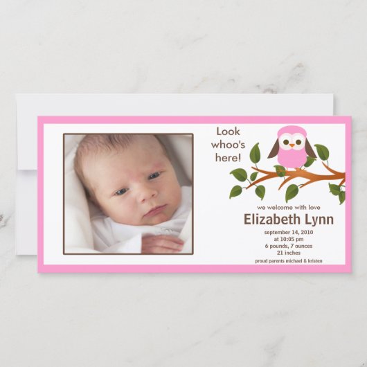 ピンクフクロベビーガール誕生発表 案内状 (正面)