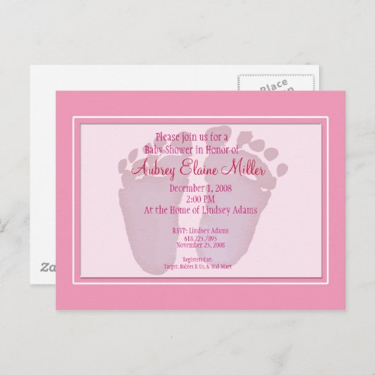 ピンクフットプリント赤ちゃんシャワー招待状 インビテーションポストカード (正面/裏面)