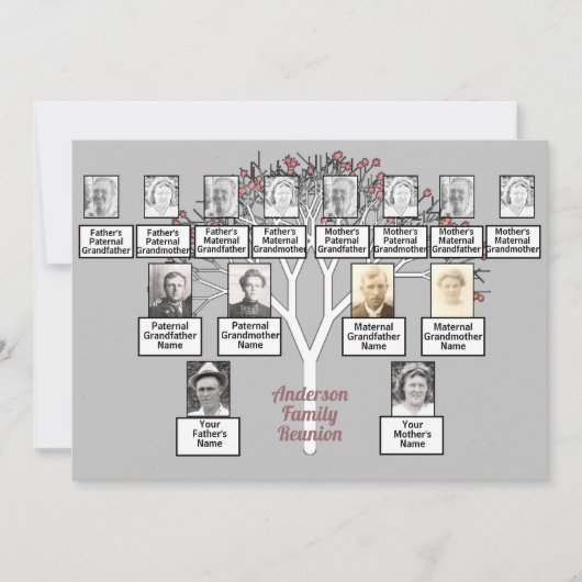 ピンクフラクタルツリー3世代ファミリー懇親会グレー 招待状 (正面)