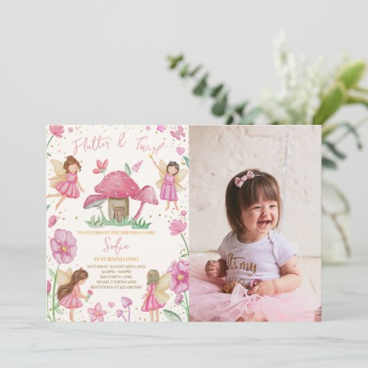 ピンクフラッターとトゥウィル妖精の誕生日写真 招待状 (スタンド正面)