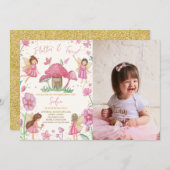 ピンクフラッターとトゥウィル妖精の誕生日写真 招待状 (正面/裏面)