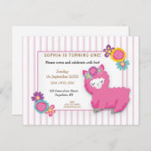 ピンクフラッフィラマストライプ誕生日第1招待状 ポストカード (正面/裏面)