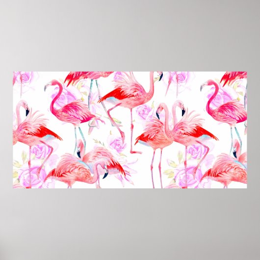ピンクフラミンを含むシームレスなパターンの水カラーバラ ポスター (正面)