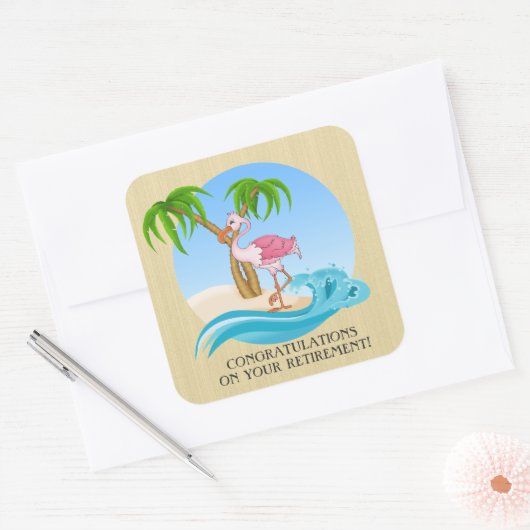 ピンクフラミンゴおめでとうの退職シール スクエアシール (封筒)