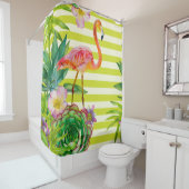ピンクフラミンゴとエキゾチックtrのシームレスなパターン シャワーカーテン (インサイチュ)