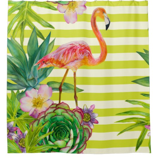 ピンクフラミンゴとエキゾチックtrのシームレスなパターン シャワーカーテン (正面)