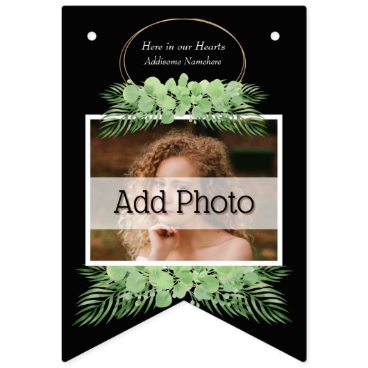 ピンクフラミンゴとハートパターン黒 バンティングフラッグ (第1の旗)