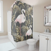 ピンクフラミンゴと金色の植物の継ぎ目のない模様 シャワーカーテン (インサイチュ)