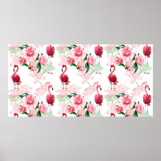 ピンクフラミンゴのシームレスパターン ポスター (正面)