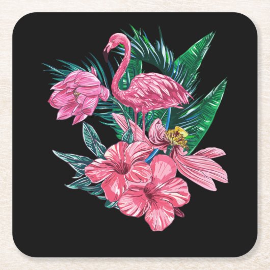 ピンクフラミンゴの鳥の水彩画 スクエアペーパーコースター (正面)