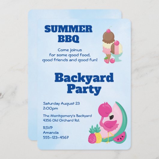 ピンクフラミンゴアイスクリームBBQパーティー招待状 招待状 (正面/裏面)
