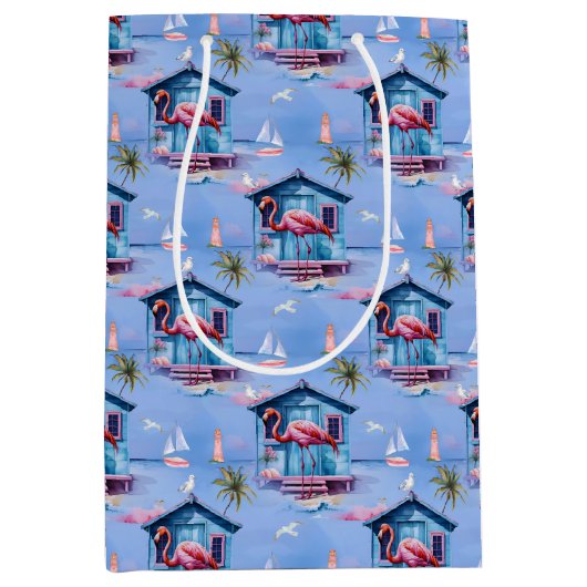 ピンクフラミンゴアイランドトロピカルビーチゲタウェイ ミディアムペーパーバッグ (正面)