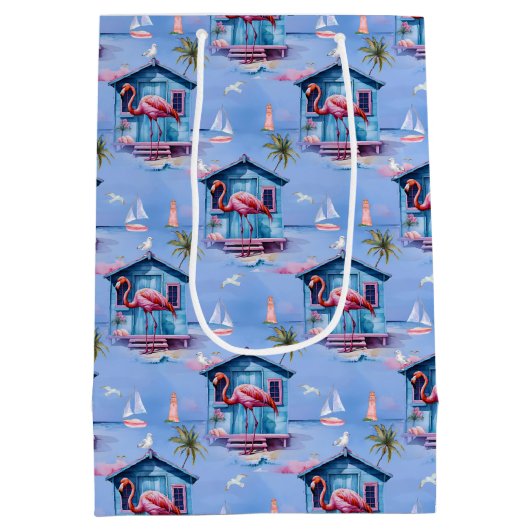 ピンクフラミンゴアイランドトロピカルビーチゲタウェイ ミディアムペーパーバッグ (裏面)