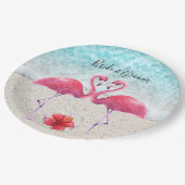 ピンクフラミンゴアットザビーチ結婚式紙プレート ペーパープレート (アングル)