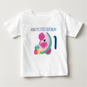 ピンクフラミンゴウィズフルーツファースト誕生日 ベビーTシャツ