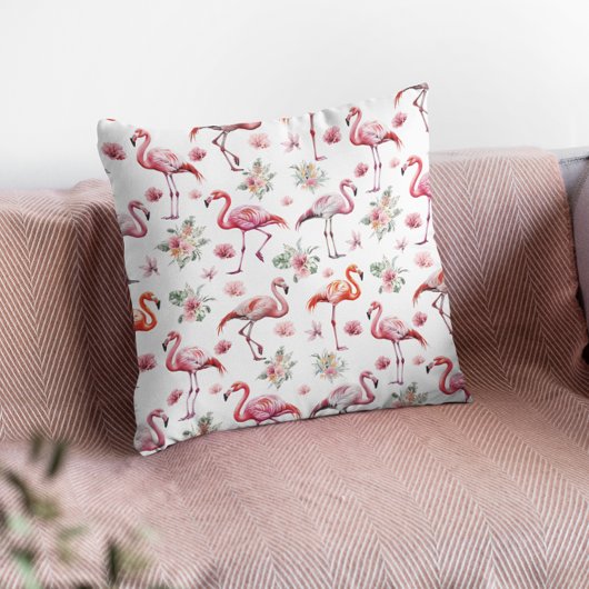 ピンクフラミンゴウォーターカラーフローラ クッション