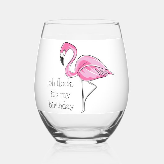 ピンクフラミンゴオフロック私の誕生日 名門私立校風の ステムなしワイングラス (正面)