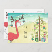 ピンクフラミンゴオンサンディビーチホリデーグリーティングカード 案内ポストカード (正面/裏面)
