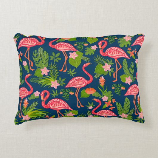 ピンクフラミンゴオーナメントをストライプのターコイズに アクセントクッション (正面)