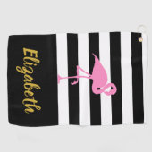 ピンクフラミンゴカスタム文字とストライプ ゴルフタオル (横)