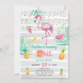 ピンクフラミンゴガールファースト誕生日トロピカルサマー 招待状 (正面)