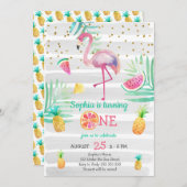 ピンクフラミンゴガールファースト誕生日トロピカルサマー 招待状 (正面/裏面)