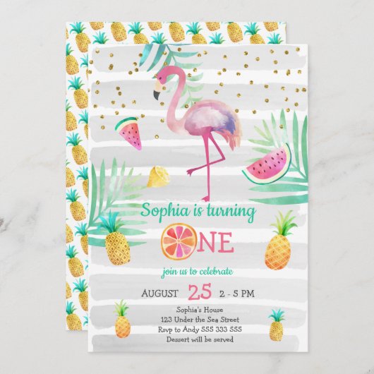 ピンクフラミンゴガールファースト誕生日トロピカルサマー 招待状 (正面/裏面)