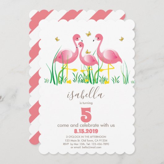 ピンクフラミンゴガール誕生日招待状 招待状 (正面/裏面)