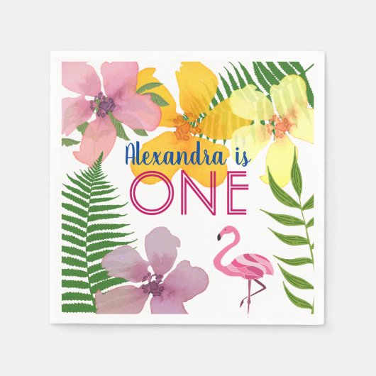 ピンクフラミンゴガール1歳の誕生日 スタンダードカクテルナプキン (正面)
