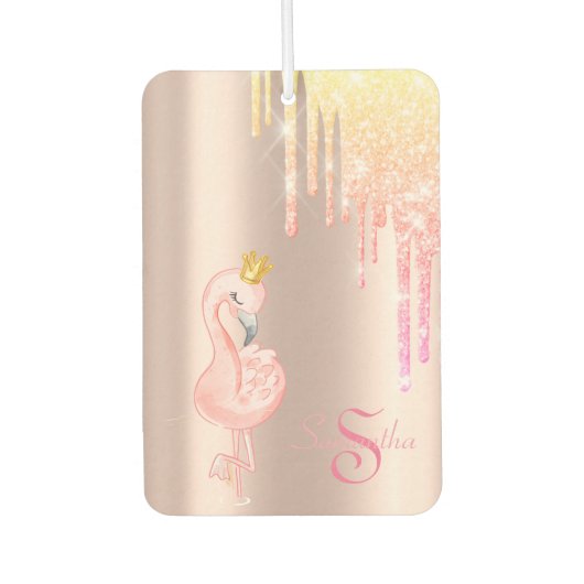 ピンクフラミンゴクラウン、バラ金ゴールド、グリッター乾燥 カーエアーフレッシュナー (正面)