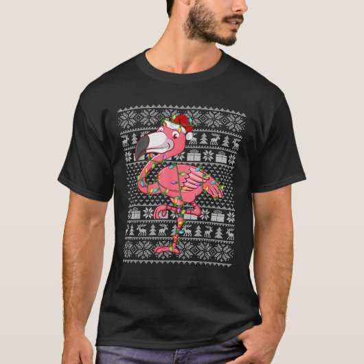 ピンクフラミンゴクリスマス醜いセータースタイルライト Tシャツ (正面)