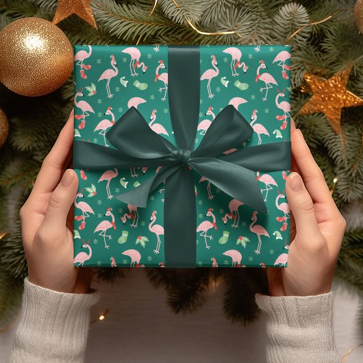 ピンクフラミンゴグリーンクリスマスホリデーパターン ラッピングペーパー