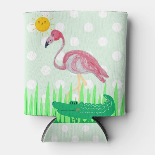 ピンクフラミンゴグリーン水玉模様缶ボトルクール 缶クーラー (正面)