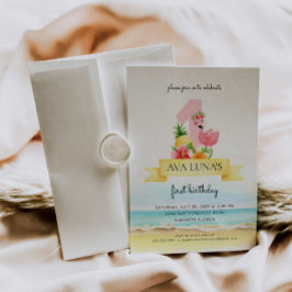 ピンクフラミンゴサマーガール1st誕生日招待状 招待状