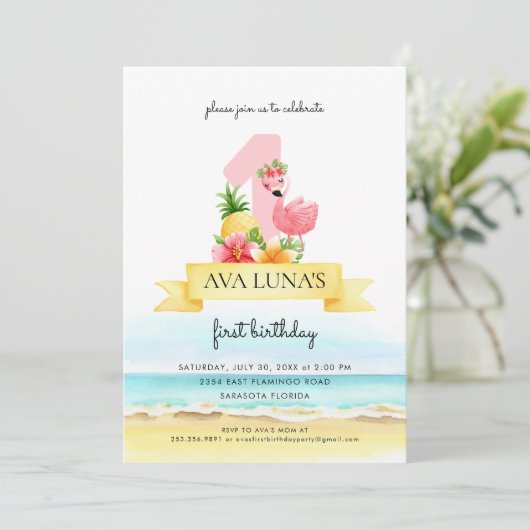 ピンクフラミンゴサマーガール1st誕生日招待状 招待状 (スタンド正面)