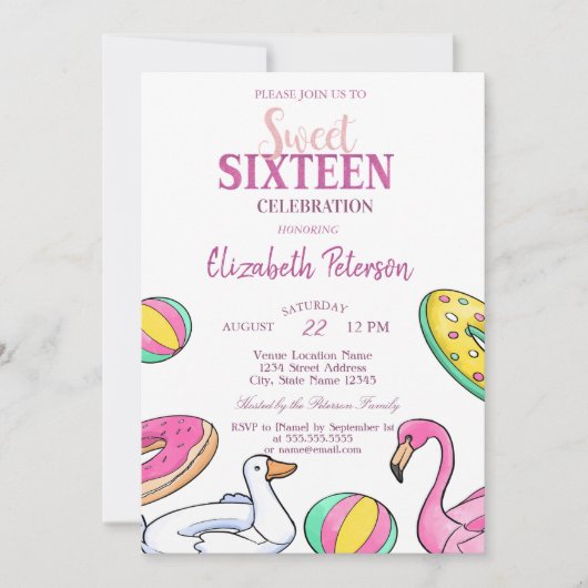 ピンクフラミンゴサマープールスウィート16パーティー 招待状 (正面)
