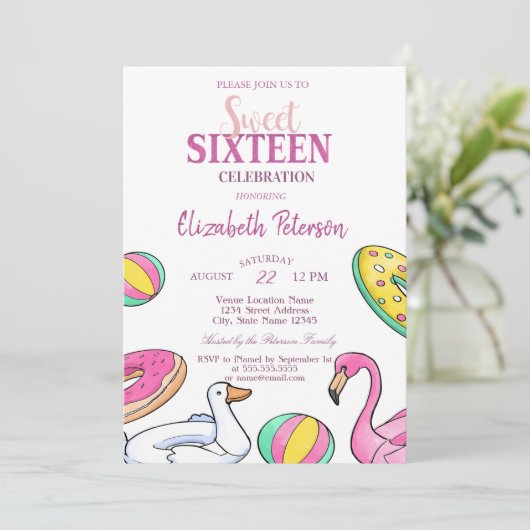 ピンクフラミンゴサマープールスウィート16パーティー 招待状 (スタンド正面)