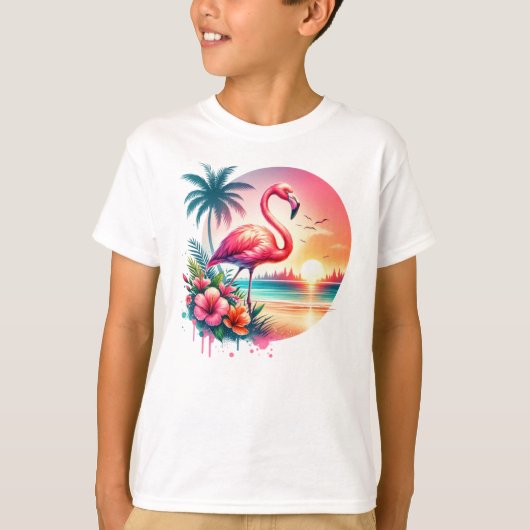 ピンクフラミンゴサンセットクリップアート Tシャツ (正面)