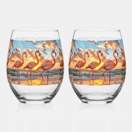 ピンクフラミンゴサンセット海トロピカルスカイクラウド ステムなしワイングラス