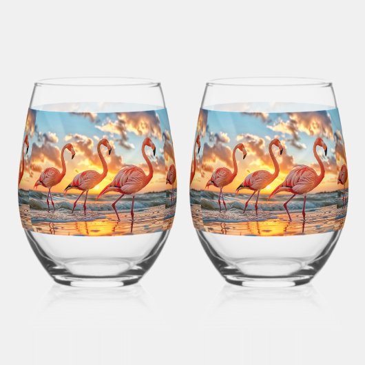 ピンクフラミンゴサンセット海トロピカルスカイクラウド ステムなしワイングラス (正面)
