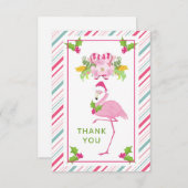 ピンクフラミンゴサンタハットキャンディーキャンディーキャンアンドホリー サンキューカード (正面/裏面)