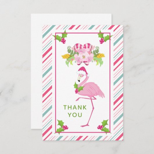 ピンクフラミンゴサンタハットキャンディーキャンディーキャンアンドホリー サンキューカード (正面/裏面)