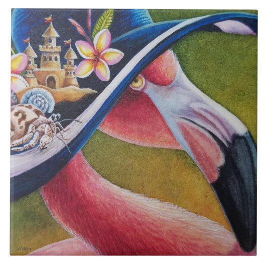 ピンクフラミンゴサンハットハーミットカニ水彩芸術 タイル (正面)