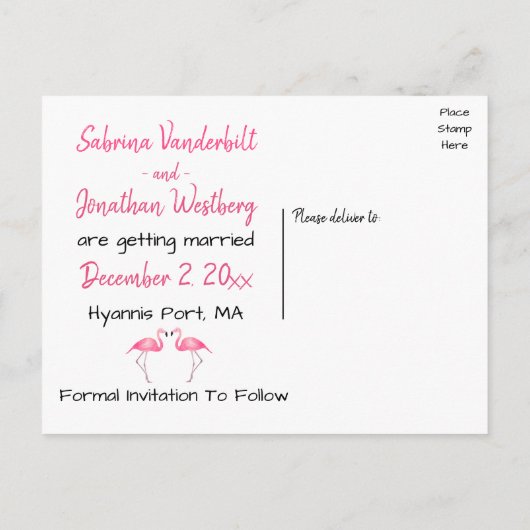 ピンクフラミンゴザデイト婚約結婚ズ 案内ポストカード (裏面)