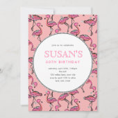 ピンクフラミンゴシルバーグリッター誕生日パーティー 招待状 (正面)