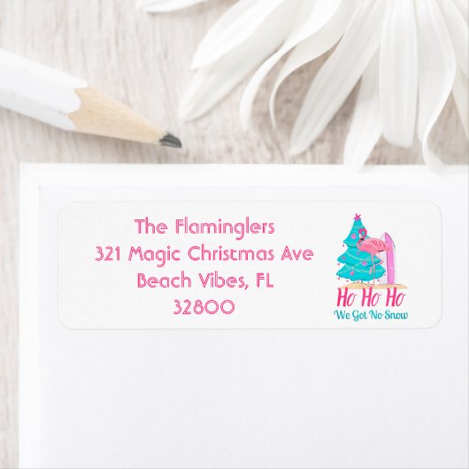 ピンクフラミンゴスおもしろいトロピカルビーチクリスマス ラベル (インサイチュ)