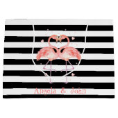 ピンクフラミンゴスインラブ,白黒ストライプ ラージペーパーバッグ (正面)